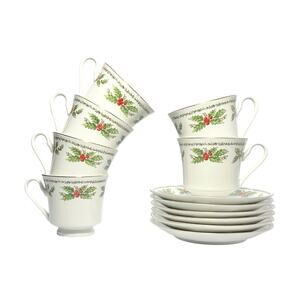 6 Christmas “Holly” Porcelain Teacups 3 1/8” 8oz & Saucers 5 7/8” Centurion